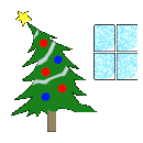 The tree is decked whilst it snows outside.