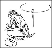  Early needle making - sharpening a splinter from a bone into a needle shaped tool which could be used to stitch together skins.