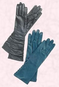Right - Wallis long grey ruched leather gloves, �22, �36, long teal button detail gloves, �18, �30 
