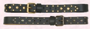 hese two belts left have a mixture of stud sizes and are from the House of Fraser 'UNTOLD' range. House of Fraser black and brown belts with antique brass roller buckle, price �25 each.