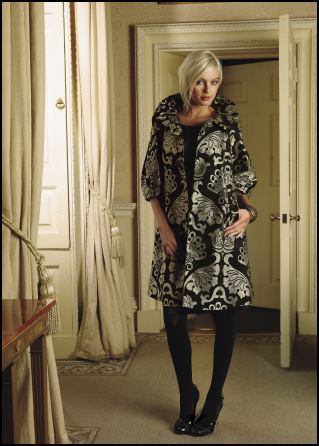 Emma Somerset Autumn/Winter 2007 - Occasion Wear - Brocade puff sleeve coat £325 and shift dress £99 by Oky Coky. Printed bangle £28 by Emma Somerset.  OkyCoky is collection from the Spanish design duo Geli Torres and Sandro Portela.