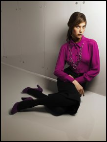 Wallis magenta blouse. Dark magenta blouse £30/€44, Black knee length pencil skirt £30/€44, Multi ring chain necklace £12/€20 