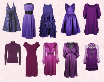 A seelction of 9 purple autumn winter 2007 high street dresses all from the Arcadia group.