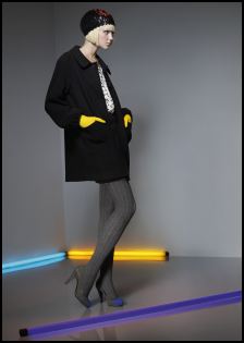 Black sequin beret �12/�20, Black tulip coat �60/�95, Dot print blouse �25/�40, Pencil skirt �25/�40, Charcoal ribbed tights �4/�6, Grey/cobalt courts �30/�45, Yellow gloves available from a selection at Dorothy Perkins.