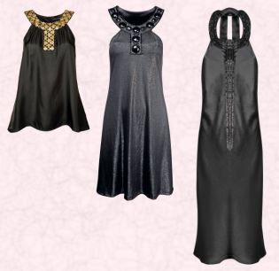 Near Left - Black top with gold coin detail around neckline �30 �47 and from Dorothy Perkins October 2007. Dorothy Perkins Autumn Winter 2007 - Black Lurex dress with beaded neckline �28/�44.  Far Right - Monsoon Autumn Winter 2007 - Sienna Dress in black - �135/�210 and in store from October.