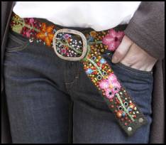A beautiful hand-embroidered Argentinean belt with floral motif and vintage style silver buckle.  The belt is handmade in South America for Plumo and colours vary, but it is a Fairtrade product and produced in sizes up to 114cm, price �45.00.