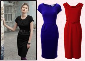 Wallis black dress.  Centre blue dress by L.K. Bennett at John Lewis. Tomato red dress  from Debenhams.