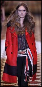 Folky fashion trends Autumn 2008 - Gucci garnet red large stripe boucl� double breast coat and black embroidered wool chiffon tunic top, shetland red and ivory Kirov pattern cotton and silk scarf with fringes.