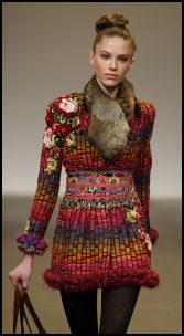 Matthew Williamson colourful folk boho flower embroidered garment with fur neck wrap. Autumn/winter 2008 fashion trends.