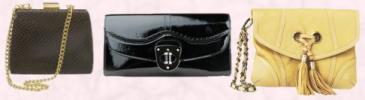 Wallis Spring Summer 2008 Accessories, Chocolate snake box clutch bag �15/�23.  Centre - Black leather patent envelope clutch bag by Alexander McQueen, and available from Matchesfashion.com at �245.  Right - River Island Clothing Co. Ltd, Summer 2008 Accessories - Yellow clutch handbag �29.99.