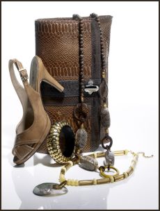 Wallis Spring Summer 2008 Lizard trim clutch bag �20/�34, Peep toe sandal �35/�66, Studded wood bangle �10/�17, Snake bead wood necklace �15/�24, Shell disc bead rope �10/�17.