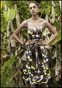Debut pebble print prom dress �70/�109, EB by Erickson Beamon spiral bead drop earrings �10/�15.50, tribal stretch bead bracelet �20/�31 and spiral stretch bead bracelet �20/�31 - all at Debenhams.