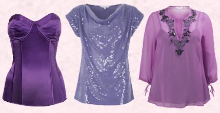 Dorothy Perkins AW09 Purple Satin Bustier - £30/€45. 'Red Herring'  Sequin Top in Lilac - £32 - Debenhams Christmas 2009.  Simply Be -  Violet Tunic, £65.