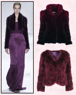 Berry Tones Damson Aubergine - Chubbies - Chubby Fur Jackets. Dark damson collared fur jacket above right is from Marks & Spencer Limited Collection.  The collarless wine fur jacket just below it is from Miss Selfridge.