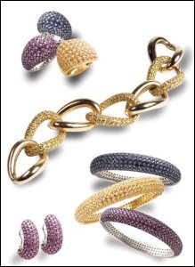 Jewels of Ocean - Pave jewellery in 18 carat gold. Rubies, yellow diamonds, sapphire pave rings.