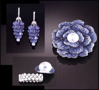 Coloured Stones at Jewels of Ocean - Sapphire grape cluster drop chandelier earrings with diamonds. Sapphire and pearl brooch and rings.