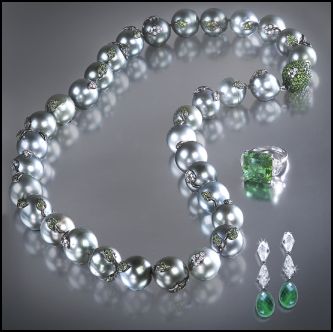 Grey South Sea Pearls with Emeralds by Jewels of Ocean