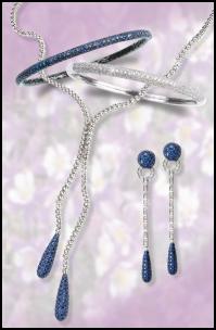 Jewels of Ocean pave jewellery - sapphires and diamonds, necklace, bangle, dangly drop earrings.