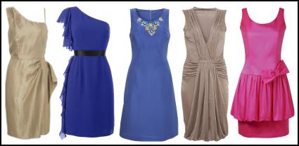 Left - Wallis Spring Summer 09 - Metallic One-shoulder dress £55/€90. Centre Left - Matalan Dresses - Et Vous ruffle one shoulder dress £25 - Matalan SS09 Women's Apparel. Centre - Wallis Spring Summer 09 - Beaded neck shift dress £60/€95. Centre Right - Wallis Spring Summer 09 - Draped deep v-neck dress £40/€60.Far Right - Dorothy Perkins Spring Summer 09 - Pink bubble hem dress with bow £45 €70.