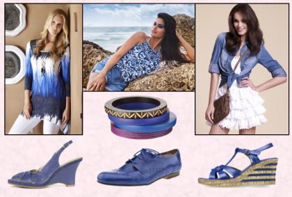 M&Co Boutique Dip Dye Asymmetric Top �35, Matalan. Red Herring Denim Shirt �28/�43, NEXT Bangles,  Bottom Row Left - Hush Puppies Katsia Wedge Royal Blue High Sanadal �50. Bottom Row Centre - Blue Brogue Shoes by Schuh.  Bottom Row Right - Tamaris Blue Patent Wedge, �54.99.