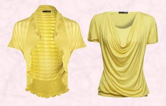 Near Right - Canary Yellow Shrug - GIVe by George Davies - Bloomsbury Collection. Far Right - Lena Top �35 Canary Yellow Draped Neckline Tee - GIVe - City Chic Collection. 