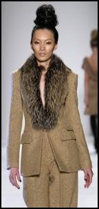 Camel Trouser Suit Fur Shawl Collar.