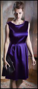 Petite Ladies Purple Beaded Neck Stretch Satin Prom Dress.