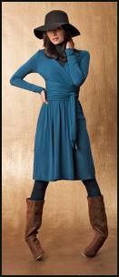 La Redoute Wrapover Teal Blue Dress, Floppy Wool Felt Hat, Camel Boots.