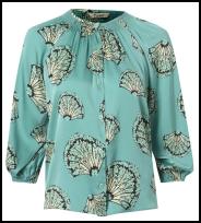 Light Teal Blue Fan Printed Satin Blouse.