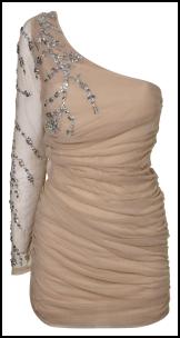 One Shoulder/One Sleeve Nude Tone Beaded Dress.