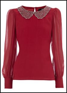 Warehouse AW11 Deep Red Cocktail Blouse With Peter Pan Beaded Collar.