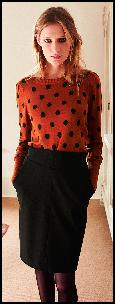 Black Pencil Skirt, Orange and Black Spot Jumper.
