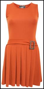 Orange Rust 60s Pleated Quant Dress Buckle Detail.