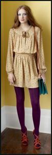Colourful Purple Opaque Tights/Pantyhose, Yellow Print Dress.