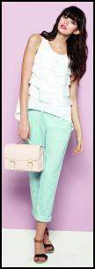 Mint Green Coloured Chinos and Women's Laser Cut Frill Top.