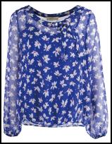 Blue White Print Bow Blouse.
