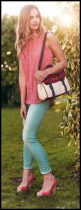 Pale Mint Jeans, Pink Blouse.