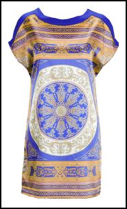 Blue/Gold Scarf Circle Kaleidoscope Border Print Tunic Dress.