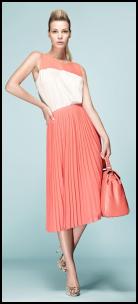  Coral/White Silk Vest, Coral Pleated Midi Skirt.