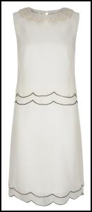 White Beaded Collar Shift Dress - Scallop Features.