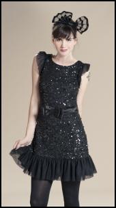 Frill Hem Beaded & Satin Bow Black Dress.