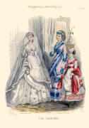 The Englishwoman's Domestic Magazine Fashions 1869 - Soft bustle wedding dress and smart day gown.