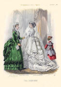 The Englishwoman's Domestic Magazine Fashions 1869 - Soft bustle wedding gown and emerald green with black day dress.