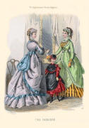The Englishwoman's Domestic Magazine Fashions 1869 - Grey and green dresses.