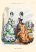 The Englishwoman's Domestic Magazine Fashions 1869 - Ginger and black trimmed soft bustle evening gown.