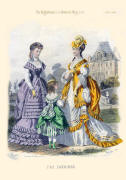 The Englishwoman's Domestic Magazine Fashions 1869 - Gold and lilac soft bustle evening gowns.