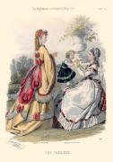 The Englishwoman's Domestic Magazine Fashions 1869 - Gold and red gown with fancy sleeves.