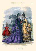 The Englishwoman's Domestic Magazine Fashions 1869 - Purple and black trimmed gown beside gold and black trimmed soft bustle dress.