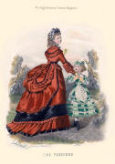 The Englishwoman's Domestic Magazine Fashions 1869 - Red and black trimmed soft bustle dress.