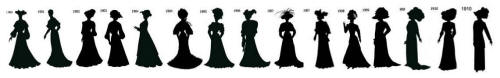 Timeline 1900 to 1910 black silhouettes for stencil and collage work in cotume history.